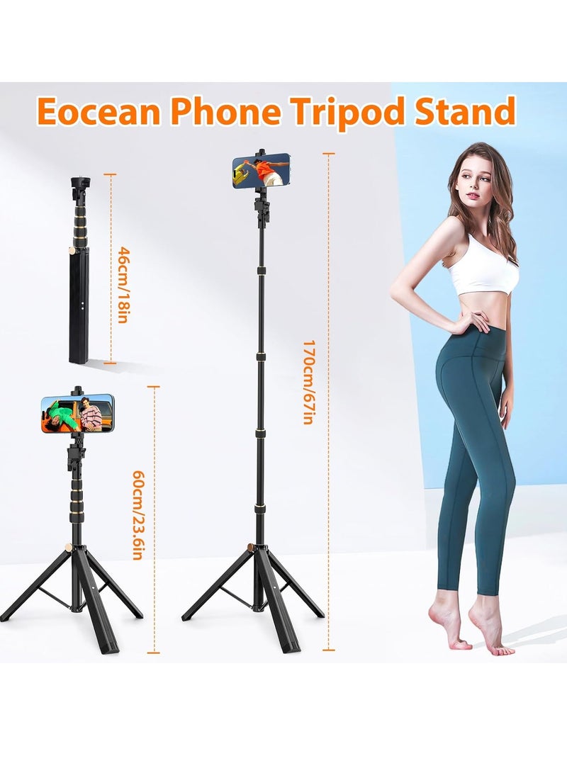 170 cm tripod for iPhone, extendable phone holder with remote control and 360-degree rotating phone holder, sturdy aluminum selfie stick with wide legs and thicker tube, golden handle locks  - Image 5