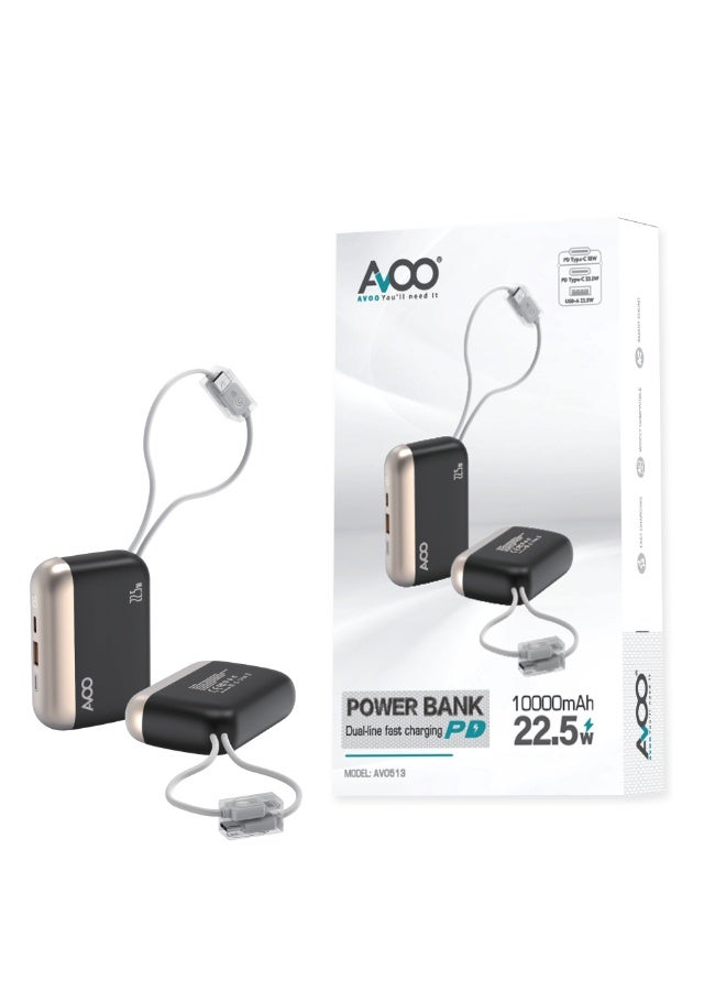 AVOO Portable Power Bank 10000mAh Fast Charging 22.5W PD with Dual Built-in Cables (Type-C + iPhone) and USB Ports – Small & Lightweight Portable Battery for iPhone, Samsung & Android – Black - Image 5
