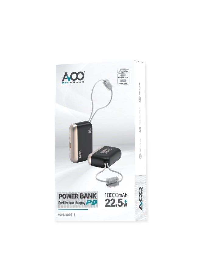 AVOO Portable Power Bank 10000mAh Fast Charging 22.5W PD with Dual Built-in Cables (Type-C + iPhone) and USB Ports – Small & Lightweight Portable Battery for iPhone, Samsung & Android – Black - Image 4