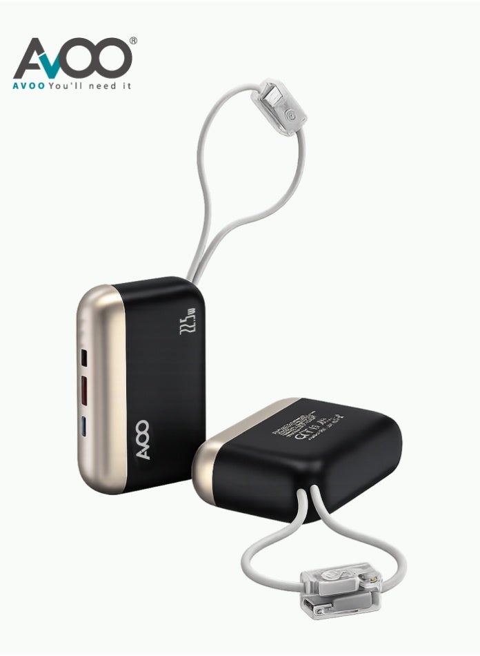 أفو باور بنك شحن متنقل 10000mAh شحن سريع 22.5W PD مع كابلين مدمجين (تايب سي + آيفون) ومنافذ USB – بطارية متنقلة صغيرة وخفيفة للآيفون وسامسونج وأندرويد –أسود - Image 1