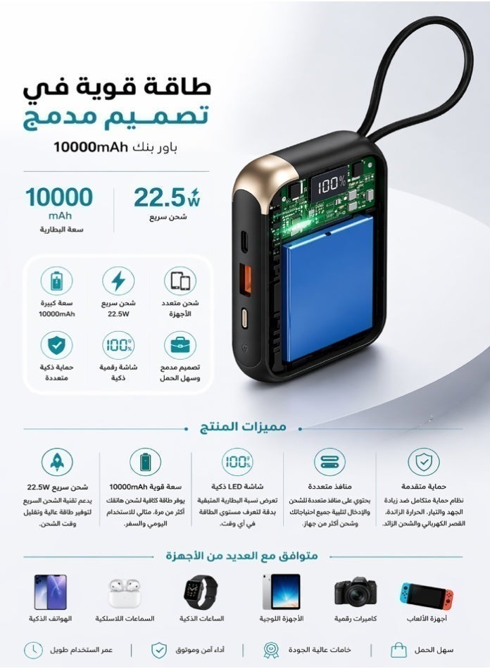 أفو باور بنك شحن متنقل 10000mAh شحن سريع 22.5W PD مع كابلين مدمجين (تايب سي + آيفون) ومنافذ USB – بطارية متنقلة صغيرة وخفيفة للآيفون وسامسونج وأندرويد –أسود - Image 5