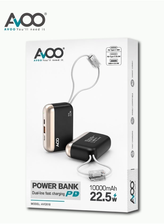 أفو باور بنك شحن متنقل 10000mAh شحن سريع 22.5W PD مع كابلين مدمجين (تايب سي + آيفون) ومنافذ USB – بطارية متنقلة صغيرة وخفيفة للآيفون وسامسونج وأندرويد –أسود - Image 2