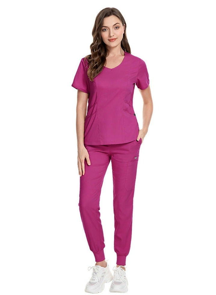 Loquat Medical Uniform Scrubs 2 Piece Set V-Neck Top and Elastic Waist Jogger Pants Suit Rose Pink - Image 1
