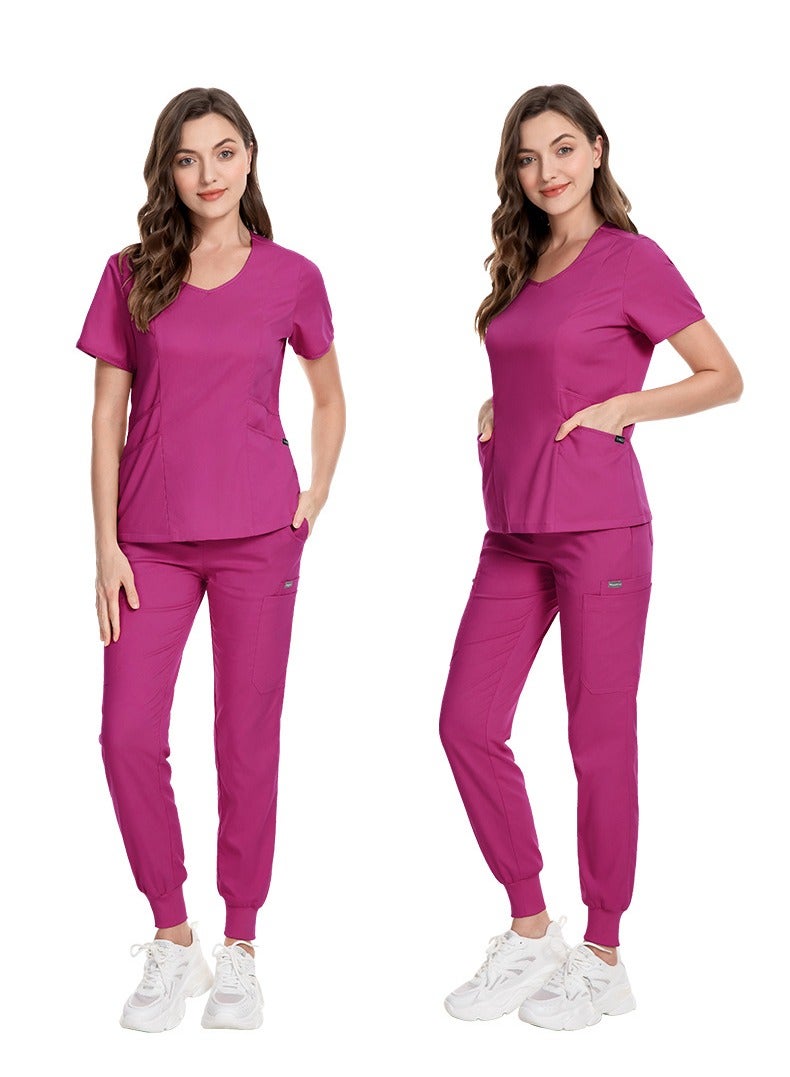 Loquat Medical Uniform Scrubs 2 Piece Set V-Neck Top and Elastic Waist Jogger Pants Suit Rose Pink - Image 2