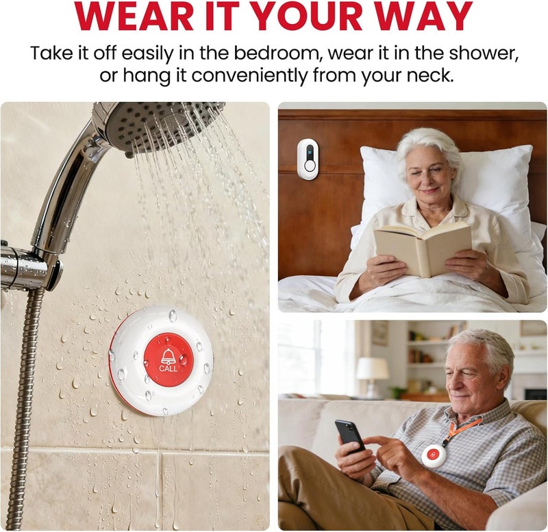 CallToU Wireless Caregiver Pager, Waterproof SOS Call Button for Elderly at Home, Life Saver Alert System for Stroke/Parkinson/Patient, 500ft Range Vibrating Receiver for Hard of Hearing (2+2 Pack) - Image 5