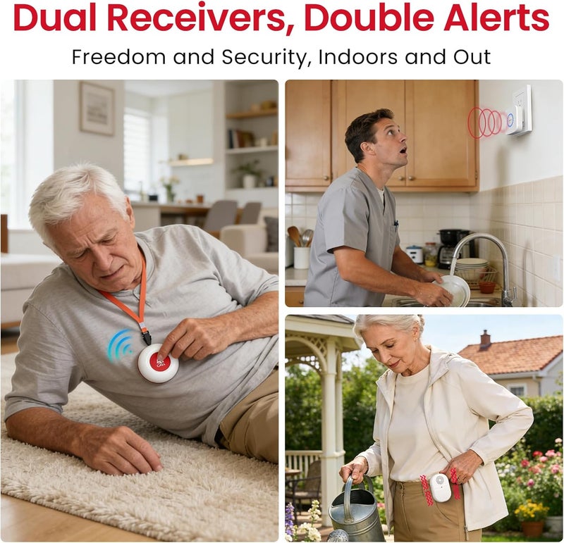 CallToU Wireless Caregiver Pager, Waterproof SOS Call Button for Elderly at Home, Life Saver Alert System for Stroke/Parkinson/Patient, 500ft Range Vibrating Receiver for Hard of Hearing (2+2 Pack) - Image 2