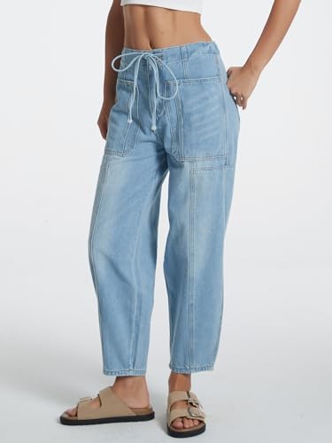 LifeShe Women's Wide Leg Baggy Jeans Elastic Waist Barrel Jeans Trendy Loose Drawstring Ankle Denim Pants Light Blue - Image 4