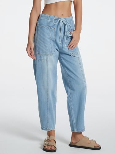LifeShe Women's Wide Leg Baggy Jeans Elastic Waist Barrel Jeans Trendy Loose Drawstring Ankle Denim Pants Light Blue - Image 5