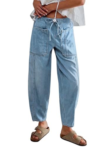 LifeShe Women's Wide Leg Baggy Jeans Elastic Waist Barrel Jeans Trendy Loose Drawstring Ankle Denim Pants Light Blue - Image 1