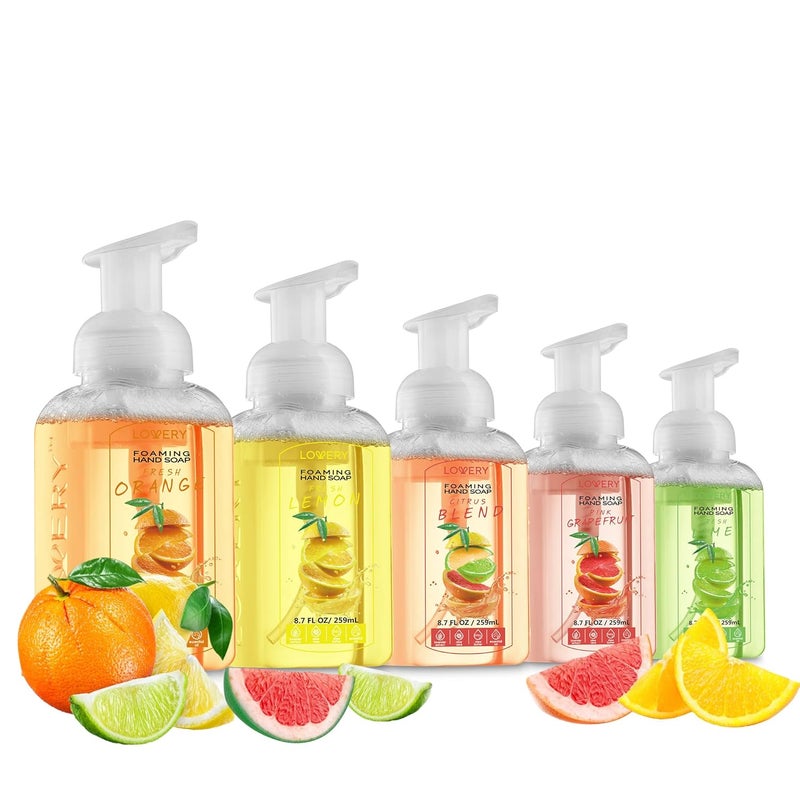 Foaming Hand Soap  Pack of 5  Moisturizing Hand Soap with Aloe Vera  Essential Oils  AlcoholFree Hand Wash in Citrus Blend Lemon Orange Lime Pink Grapefruit Fragrances for Kitchen  Bathroom
