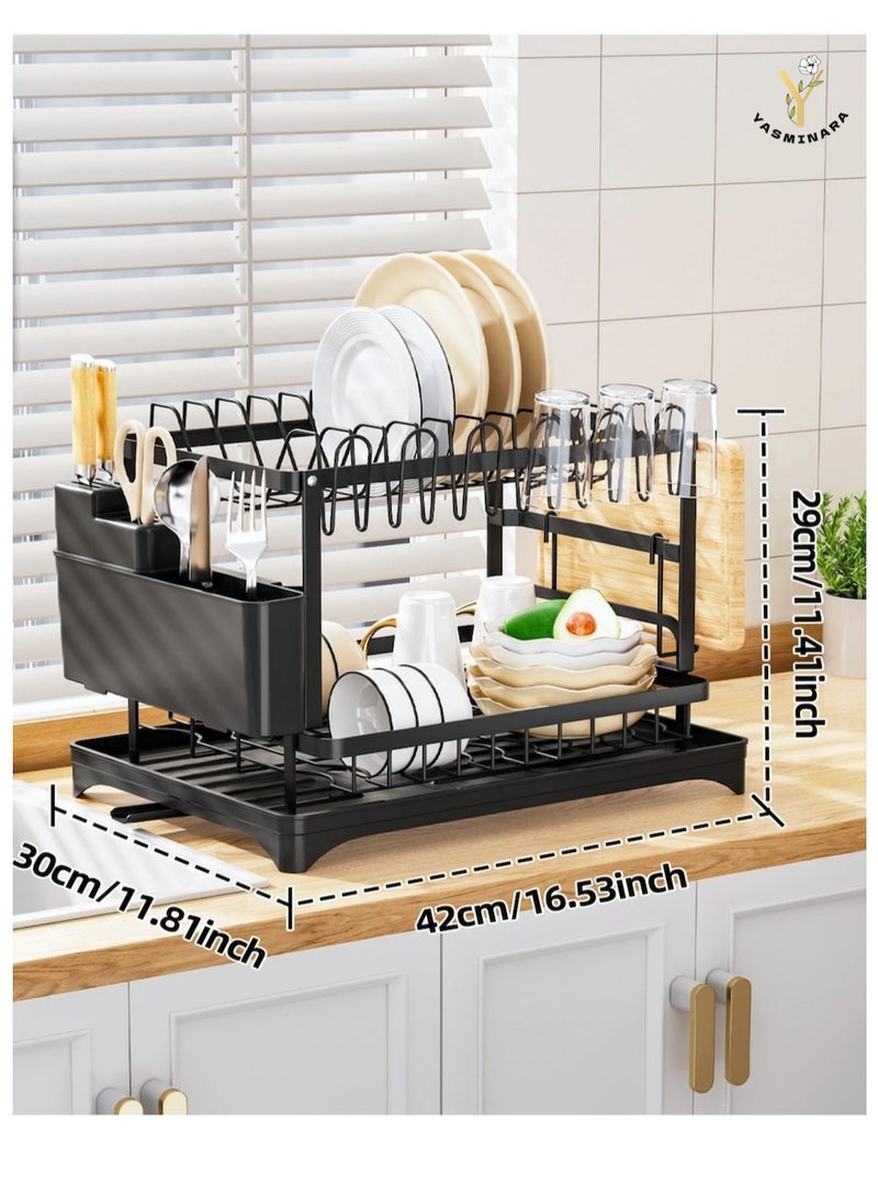 ياسمينةارا رف تجفيف أطباق معدني مزدوج الطبقات، مقاوم للصدأ، رف تصريف أطباق مزدوج الطبقات مع حامل أدوات مائدة وأواني ورف خزانة، رف تصريف كبير قوي للمطبخ، سعة تحميل كبيرة للأطباق والأوعية والأكواب والأواني، أسود - Image 1