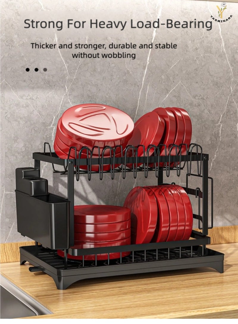 ياسمينةارا رف تجفيف أطباق معدني مزدوج الطبقات، مقاوم للصدأ، رف تصريف أطباق مزدوج الطبقات مع حامل أدوات مائدة وأواني ورف خزانة، رف تصريف كبير قوي للمطبخ، سعة تحميل كبيرة للأطباق والأوعية والأكواب والأواني، أسود - Image 2