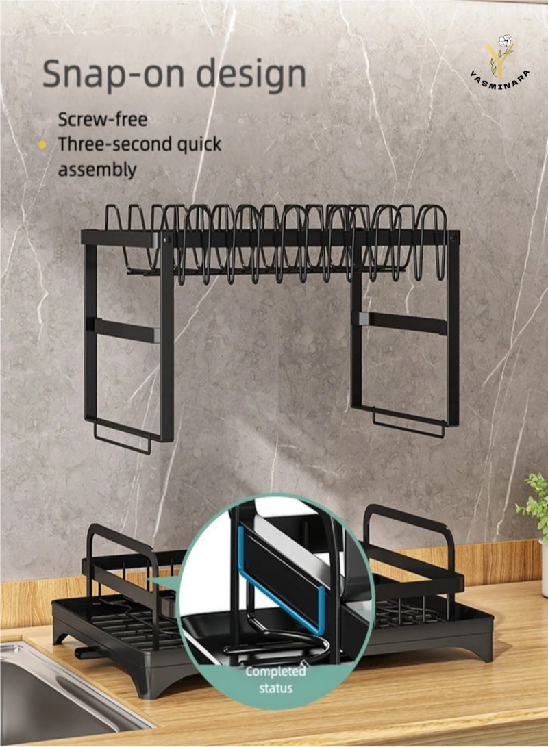 ياسمينةارا رف تجفيف أطباق معدني مزدوج الطبقات، مقاوم للصدأ، رف تصريف أطباق مزدوج الطبقات مع حامل أدوات مائدة وأواني ورف خزانة، رف تصريف كبير قوي للمطبخ، سعة تحميل كبيرة للأطباق والأوعية والأكواب والأواني، أسود - Image 3