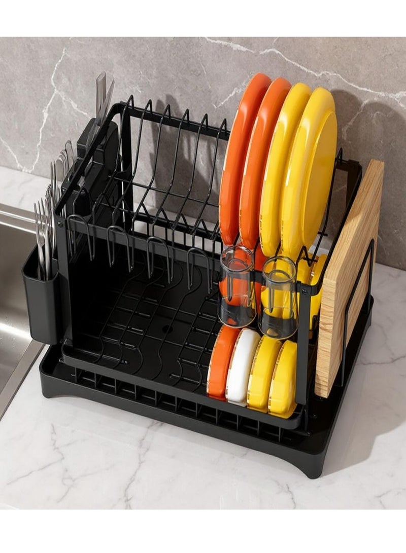 ياسمينةارا رف تجفيف أطباق معدني مزدوج الطبقات، مقاوم للصدأ، رف تصريف أطباق مزدوج الطبقات مع حامل أدوات مائدة وأواني ورف خزانة، رف تصريف كبير قوي للمطبخ، سعة تحميل كبيرة للأطباق والأوعية والأكواب والأواني، أسود - Image 4