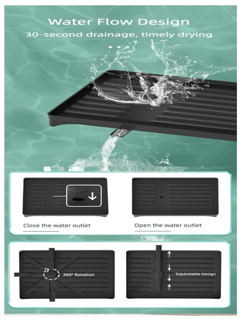 ياسمينةارا رف تجفيف أطباق معدني مزدوج الطبقات، مقاوم للصدأ، رف تصريف أطباق مزدوج الطبقات مع حامل أدوات مائدة وأواني ورف خزانة، رف تصريف كبير قوي للمطبخ، سعة تحميل كبيرة للأطباق والأوعية والأكواب والأواني، أسود - Image 5