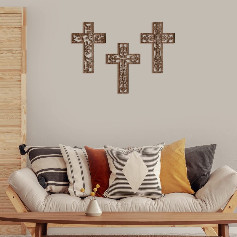 Yookeer 3 Pcs Wooden Cross Wall Decor Cross Hanging Handmade Antique Religious Brown Wooden Home Decorations Hand Carved Wall Decor for Church Home Office Baptism Gift for Christian - Image 5