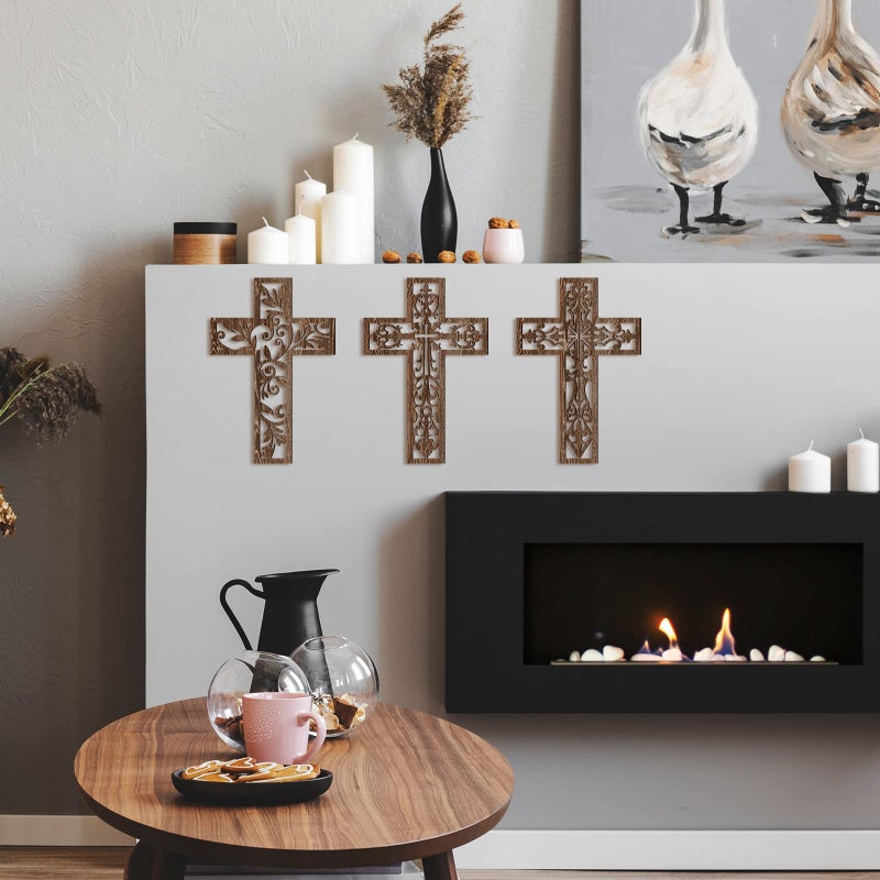 Yookeer 3 Pcs Wooden Cross Wall Decor Cross Hanging Handmade Antique Religious Brown Wooden Home Decorations Hand Carved Wall Decor for Church Home Office Baptism Gift for Christian - Image 4