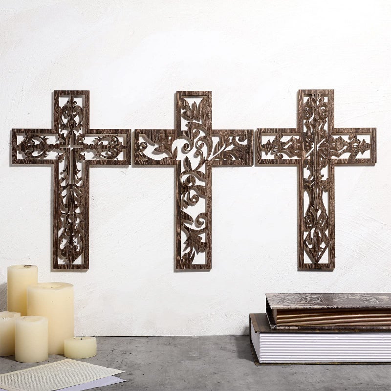 Yookeer 3 Pcs Wooden Cross Wall Decor Cross Hanging Handmade Antique Religious Brown Wooden Home Decorations Hand Carved Wall Decor for Church Home Office Baptism Gift for Christian - Image 2
