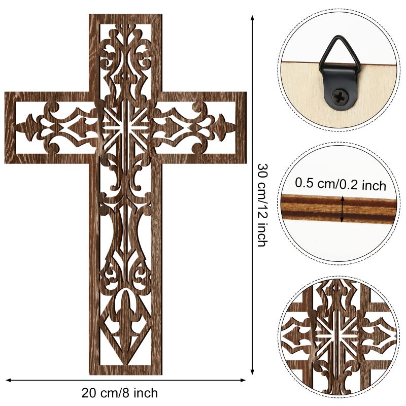 Yookeer 3 Pcs Wooden Cross Wall Decor Cross Hanging Handmade Antique Religious Brown Wooden Home Decorations Hand Carved Wall Decor for Church Home Office Baptism Gift for Christian - Image 3