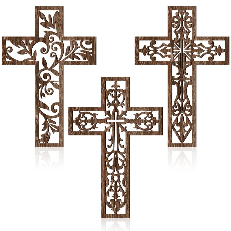 Yookeer 3 Pcs Wooden Cross Wall Decor Cross Hanging Handmade Antique Religious Brown Wooden Home Decorations Hand Carved Wall Decor for Church Home Office Baptism Gift for Christian - Image 1