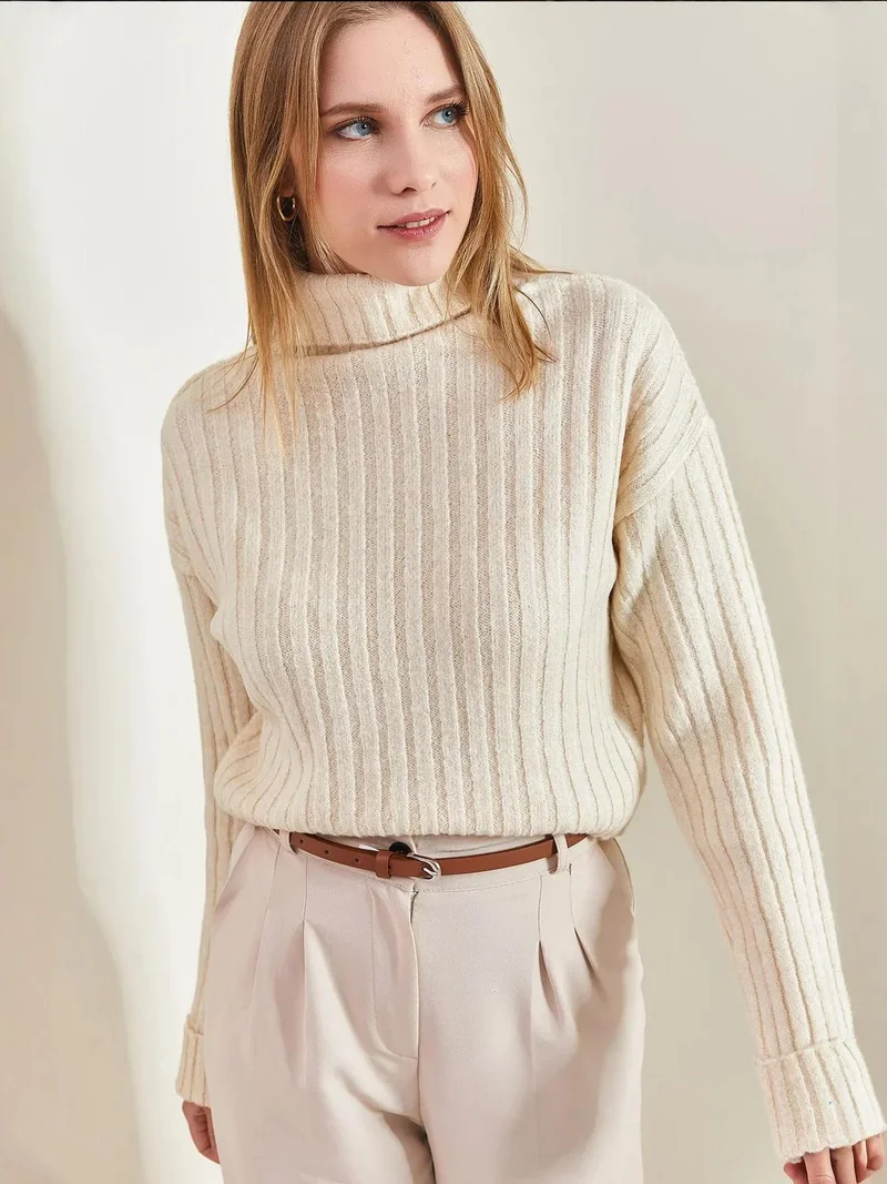 Bianco Lucci Beige Natural Ribbed Turtleneck Crop Sweater for Women | Best Price UAE