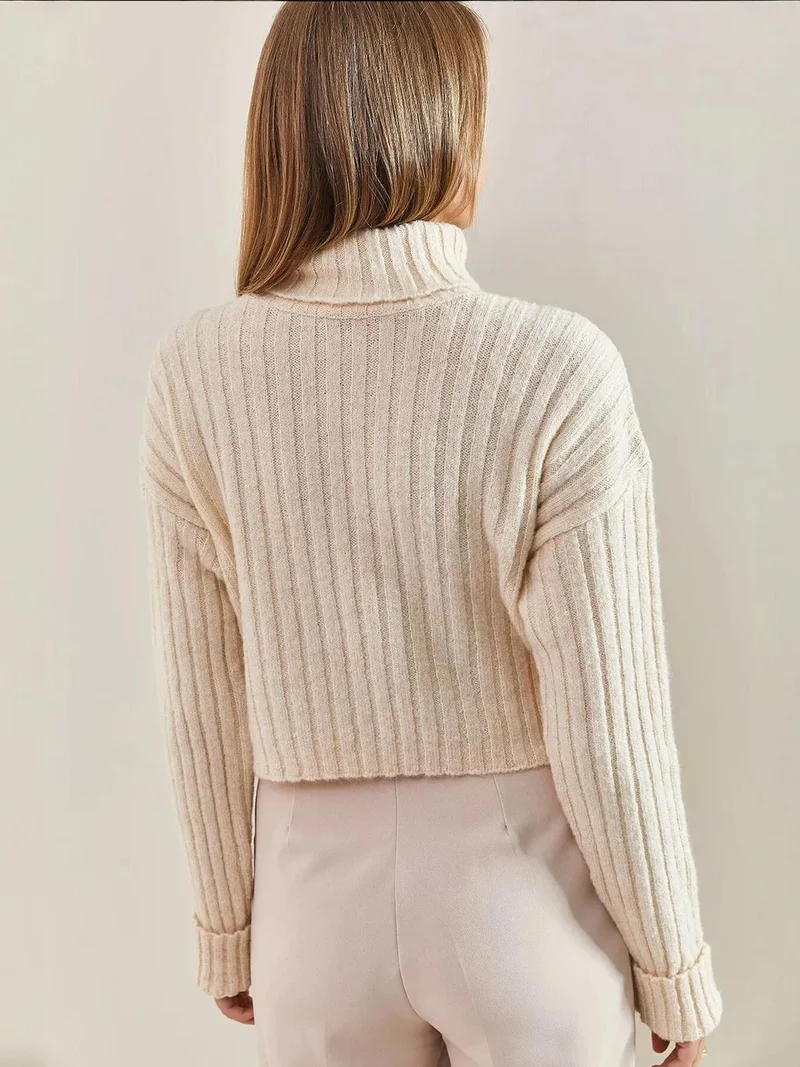 Bianco Lucci Beige Natural Ribbed Turtleneck Crop Sweater for Women | Best Price UAE