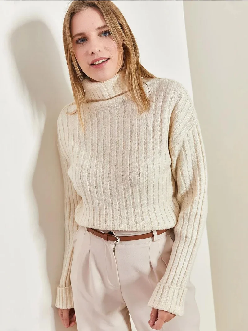 Bianco Lucci Beige Natural Ribbed Turtleneck Crop Sweater for Women | Best Price UAE