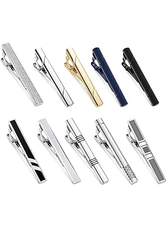 10 Pieces Tie Clips Set for Men Clip Black Silver - Tone Gold Tone Wedding Business with Gift Box - Image 4