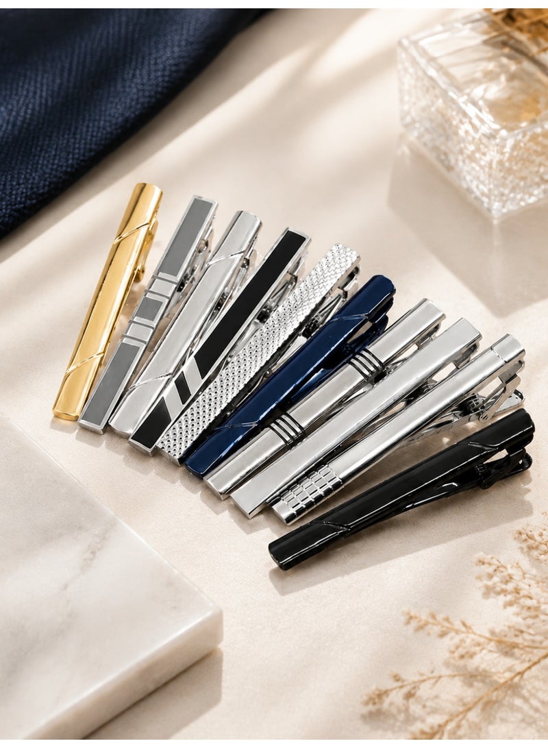 10 Pieces Tie Clips Set for Men Clip Black Silver - Tone Gold Tone Wedding Business with Gift Box - Image 5