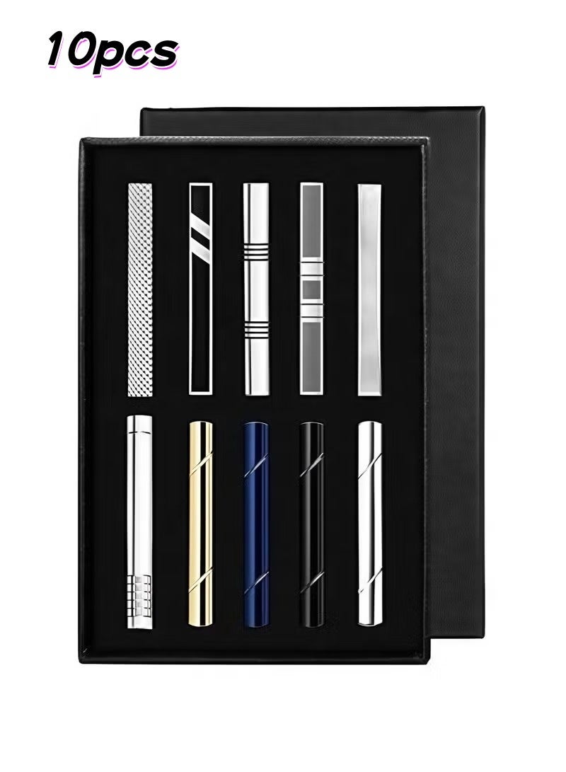 10 Pieces Tie Clips Set for Men Clip Black Silver - Tone Gold Tone Wedding Business with Gift Box - Image 1