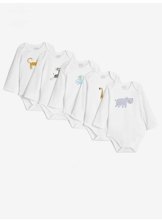 JUNE June Baby Envelope Neck 5-Pack Long Sleeve Safari Animal Printed Bodysuit White