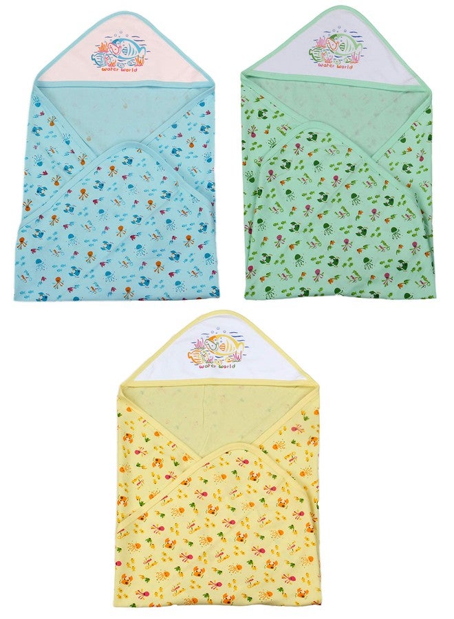 Favism Pure Cotton Soft Breathable New Born Baby Bath Towel with Hood Pack of 3 pcs, Lemon Green Blue, Size 30 x 30 inch, 0-24 Months, Unisex - Image 1