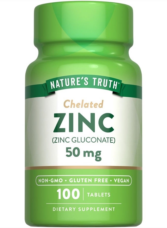 natures truth Chelated Zinc 50mg | 100 Tablets | Essential Mineral Supplement | from Zinc Gluconate | Vegetarian, Non-GMO, Gluten Free - Image 1