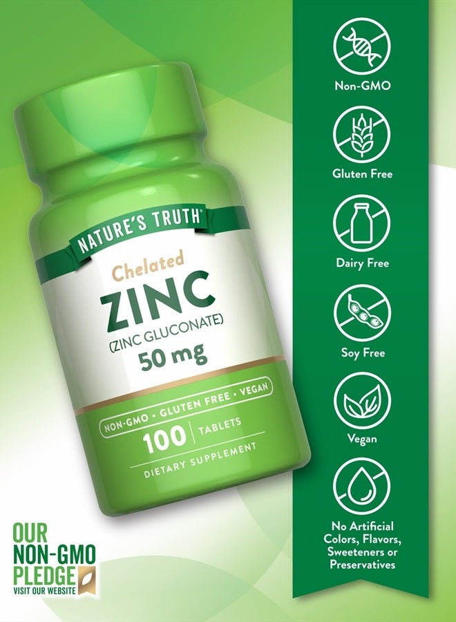natures truth Chelated Zinc 50mg | 100 Tablets | Essential Mineral Supplement | from Zinc Gluconate | Vegetarian, Non-GMO, Gluten Free - Image 3