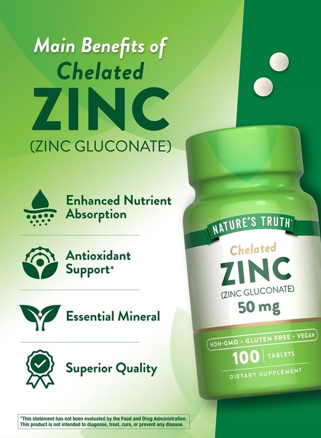 natures truth Chelated Zinc 50mg | 100 Tablets | Essential Mineral Supplement | from Zinc Gluconate | Vegetarian, Non-GMO, Gluten Free - Image 5