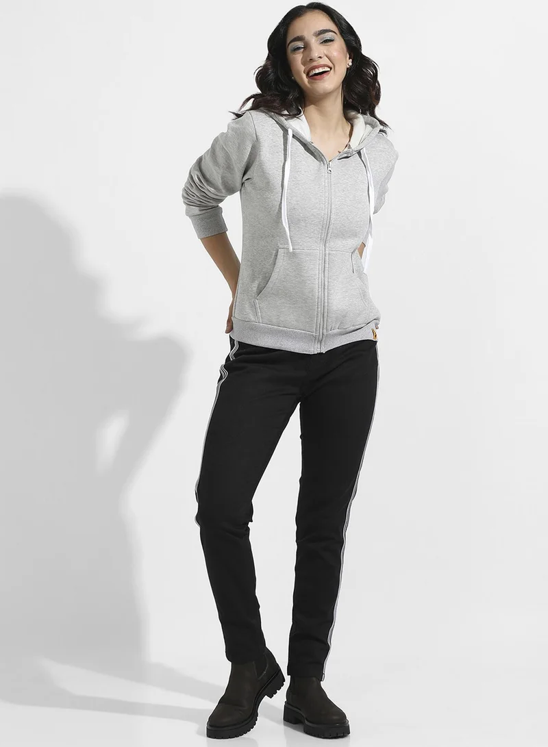 Campus Sutra Women's Cloud Grey Solid Zip-Front Hoodie For Casual Wear | Hooded Neck | Long Cuffed Sleeves | Zipper Closure | Sweatshirt Crafted With Comfort Fit For Everyday Wear