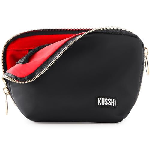 KUSSHI Washable Travel Makeup Bag for Purse (Everyday, Satin Black/Red) - Image 1