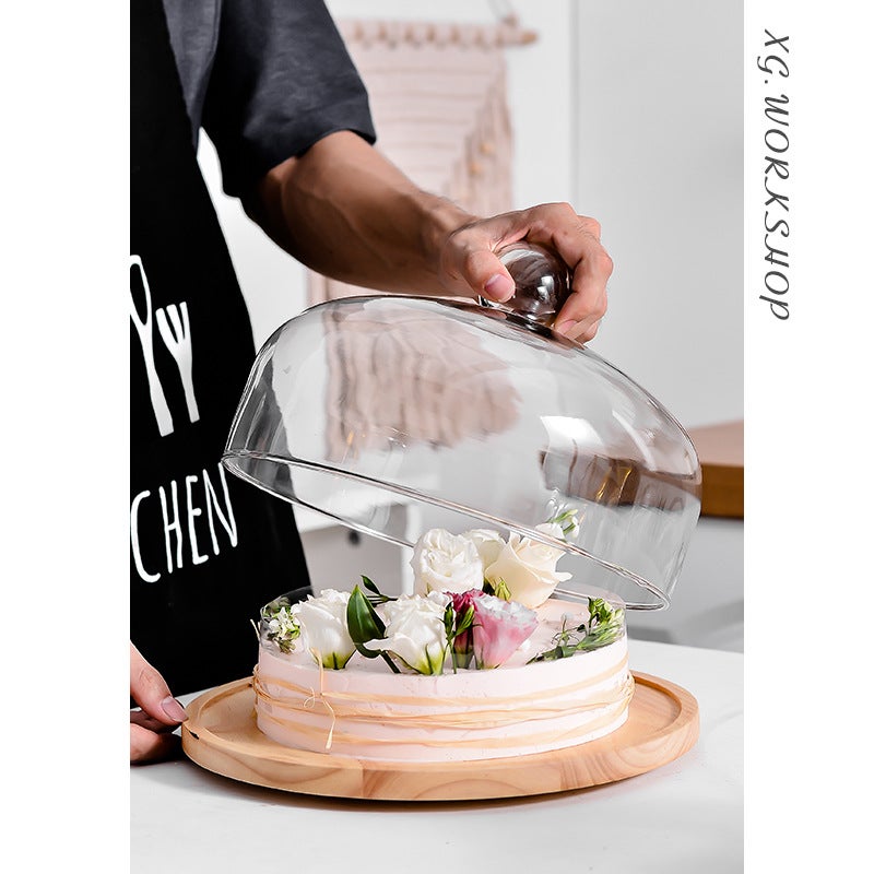 Wooden European-Style Cake Plate Creative Fruit Plate Living Room Household Cake Tray Rotating Baking Production Table Glass Cover - Image 3