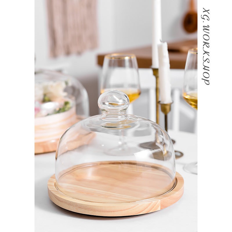Wooden European-Style Cake Plate Creative Fruit Plate Living Room Household Cake Tray Rotating Baking Production Table Glass Cover - Image 5