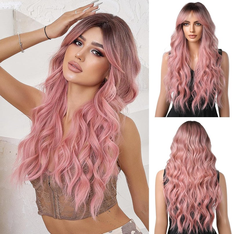Ombre Pink Wigs for Women Long Curly Wig with Bangs Synthetic Hair Heat Resistant Wigs for Daily Party Cosplay Wear
