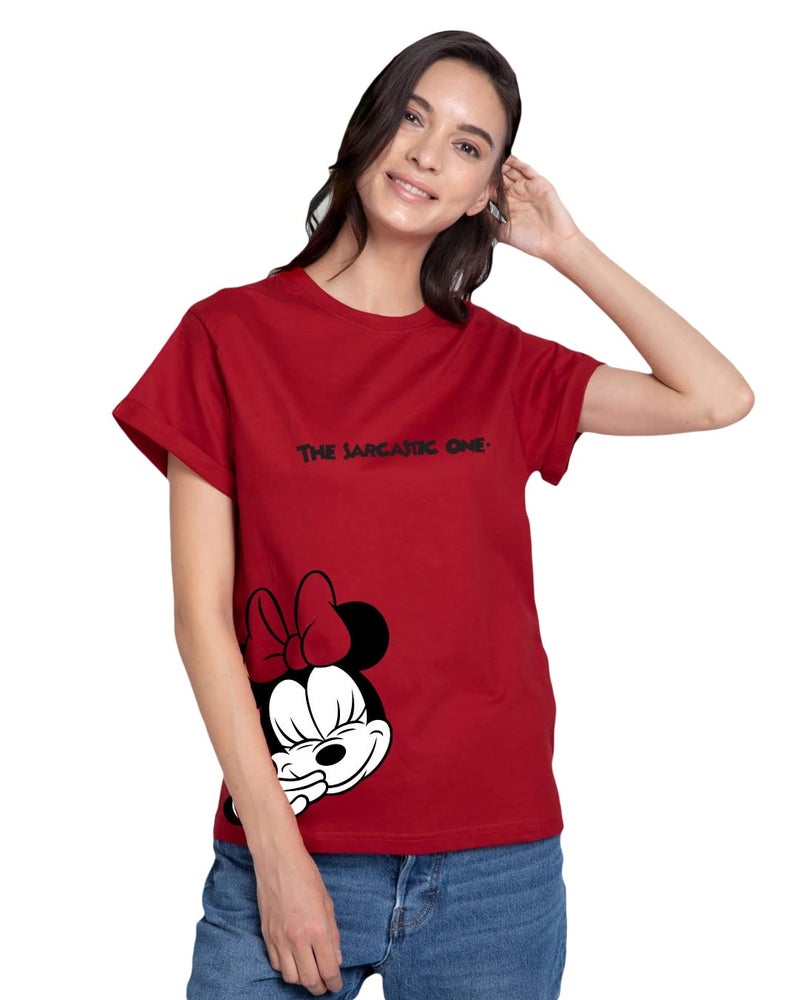 Bewakoof Official Disney Merchandise Minnie Women's Graphic Printed Boyfriend Fit Half Sleeve Round Neck Cotton Loose Fit T-Shirt_386575_Red_XS - Image 1
