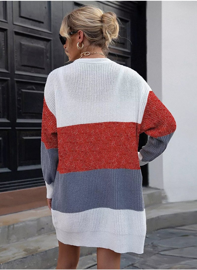 Colorblock Drop Shoulder Open Front Cardigan