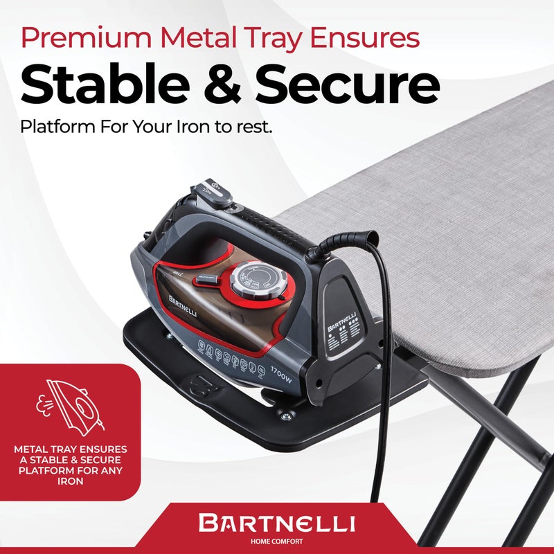 Bartnelli Extreme Stability Ironing Board 43x13 Upgraded Heavy-Duty Metal Frame & Iron Rest, Height Adjustable, Foldable, 4 Non-Skid Feet, 100% Cotton Cover, Made with Patent European Engineering - Image 5