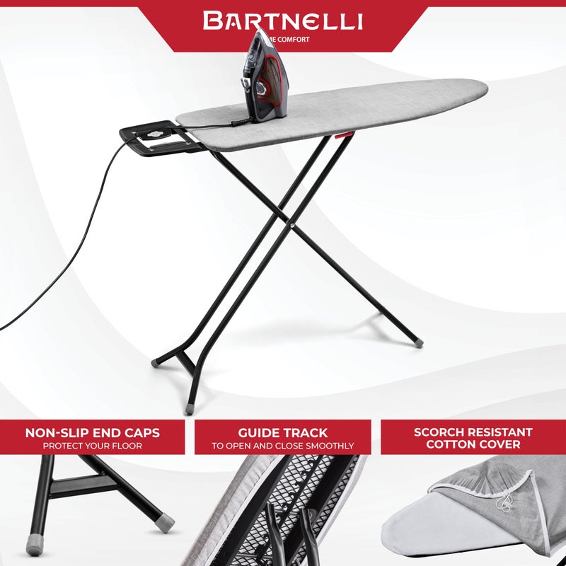 Bartnelli Extreme Stability Ironing Board 43x13 Upgraded Heavy-Duty Metal Frame & Iron Rest, Height Adjustable, Foldable, 4 Non-Skid Feet, 100% Cotton Cover, Made with Patent European Engineering - Image 3