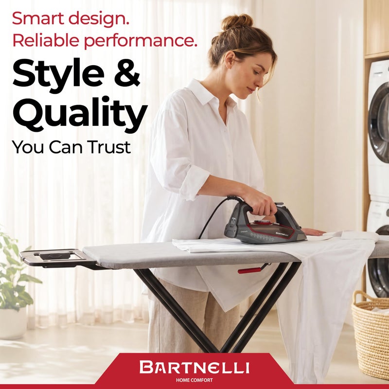 Bartnelli Extreme Stability Ironing Board 43x13 Upgraded Heavy-Duty Metal Frame & Iron Rest, Height Adjustable, Foldable, 4 Non-Skid Feet, 100% Cotton Cover, Made with Patent European Engineering - Image 2
