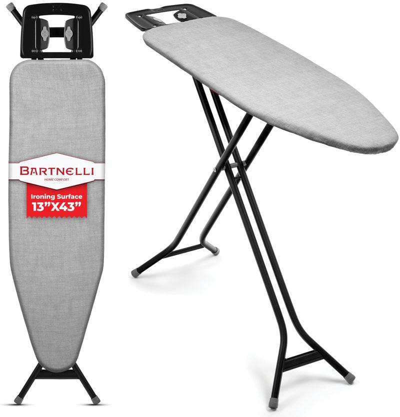 Bartnelli Extreme Stability Ironing Board 43x13 Upgraded Heavy-Duty Metal Frame & Iron Rest, Height Adjustable, Foldable, 4 Non-Skid Feet, 100% Cotton Cover, Made with Patent European Engineering - Image 1