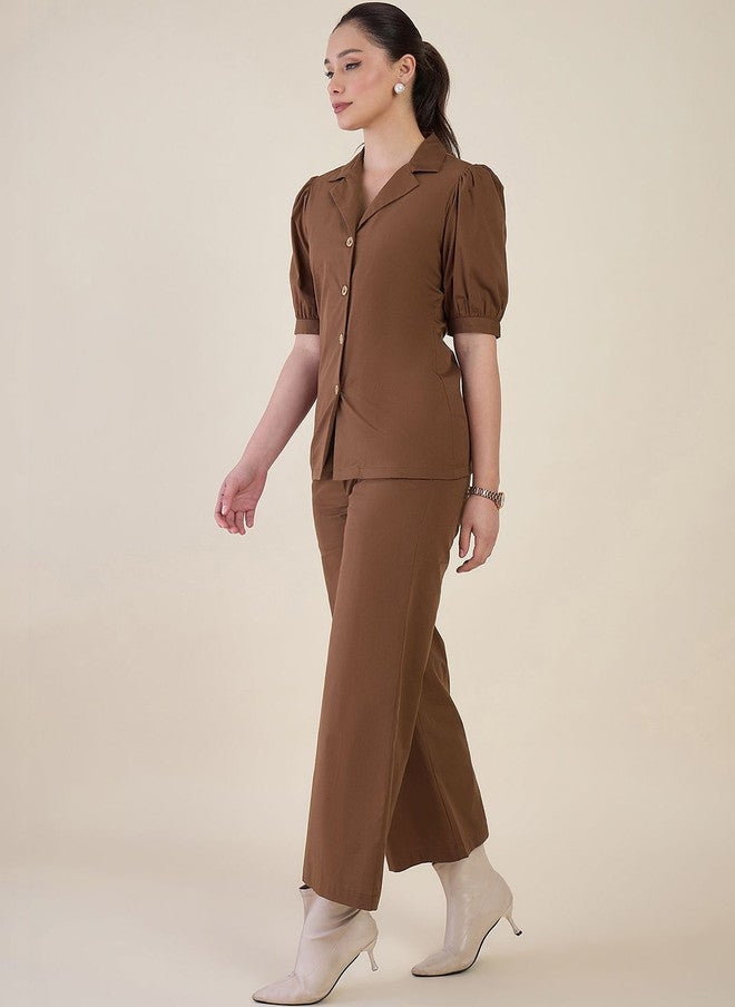 WineRed Mocha Mouse Solid Blazer with Trousers for Women - Image 3
