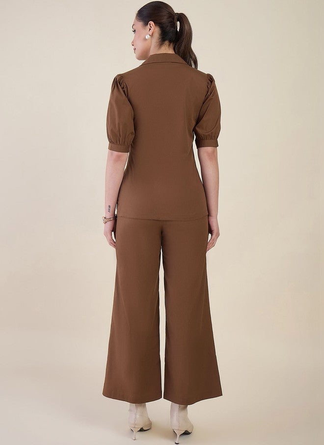 WineRed Mocha Mouse Solid Blazer with Trousers for Women - Image 5