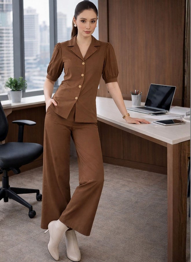 WineRed Mocha Mouse Solid Blazer with Trousers for Women - Image 1
