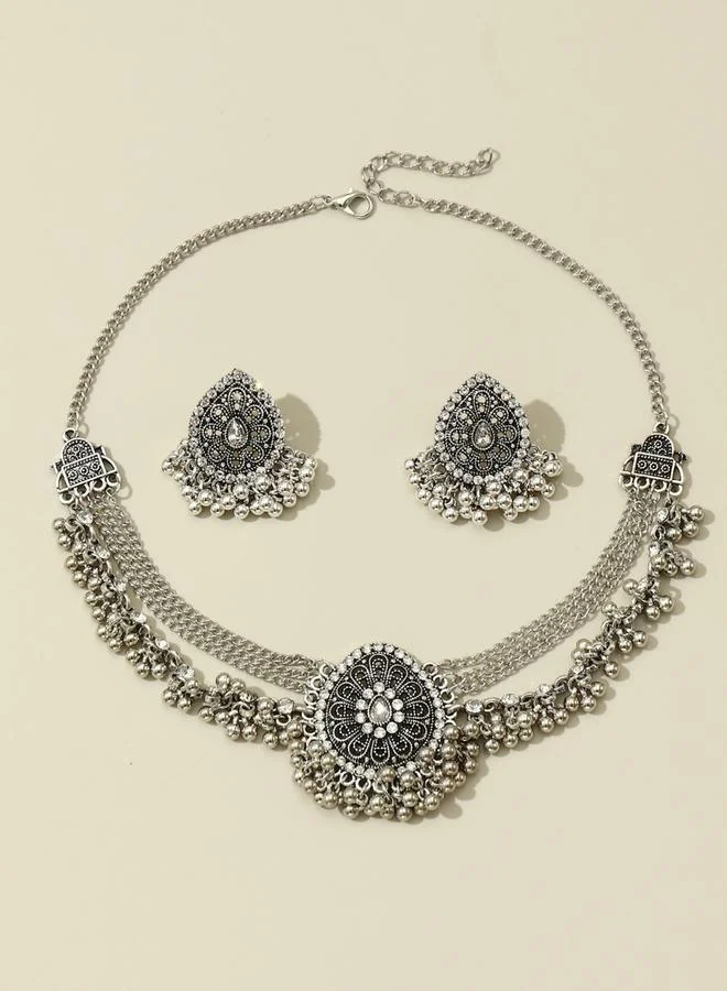 Take Two Take Two Texture Flower Shape Tassel Necklace and Earrings Jewelry Set